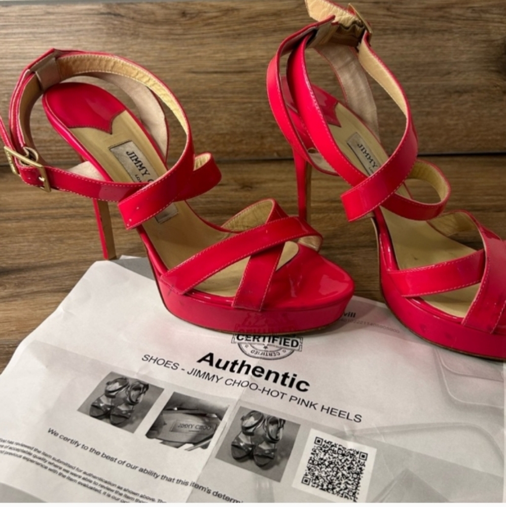 JIMMY CHOO “Louisa" Fuchsia Pink Strappy Platform Sandals Shoes 8.5M pre loved - Picture 2 of 15